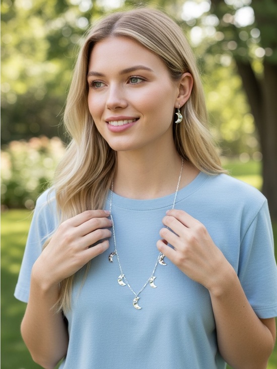 Jewelry - 4/16 Silver Crescent Moon Charm Necklace and Earrings Set - Silver
